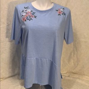 Lane Bryant blue asymmetrical embroidered top.